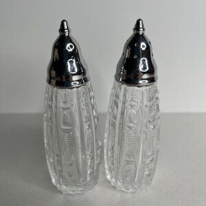 Vintage Salt & Pepper Shakers Clear Pressed Glass Embossed Design Chrome Tops